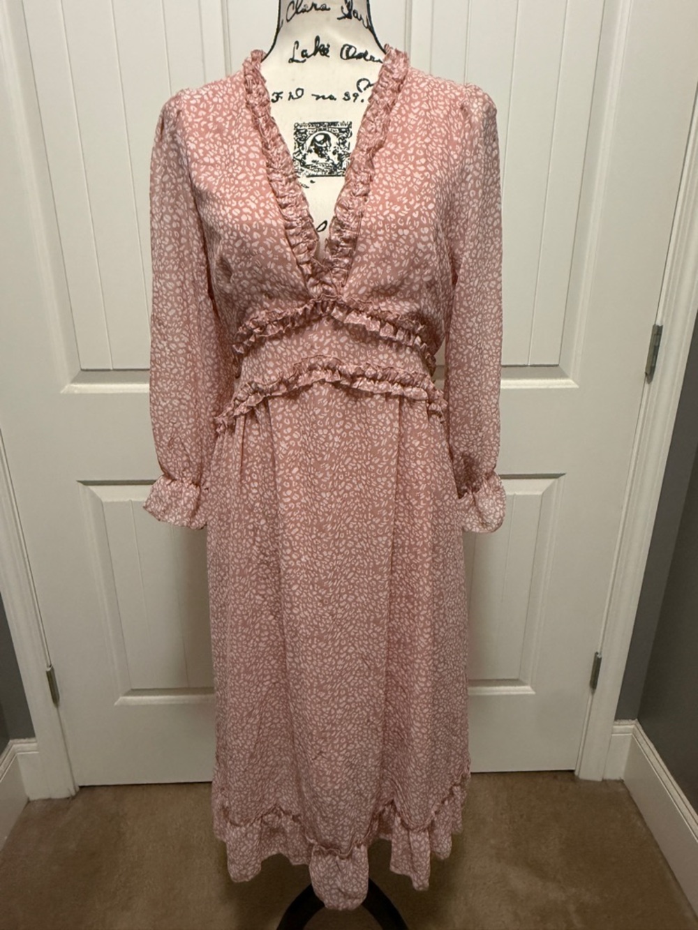 Pink Floral Chiffon Maxi Dress Large 3/4 Sleeves